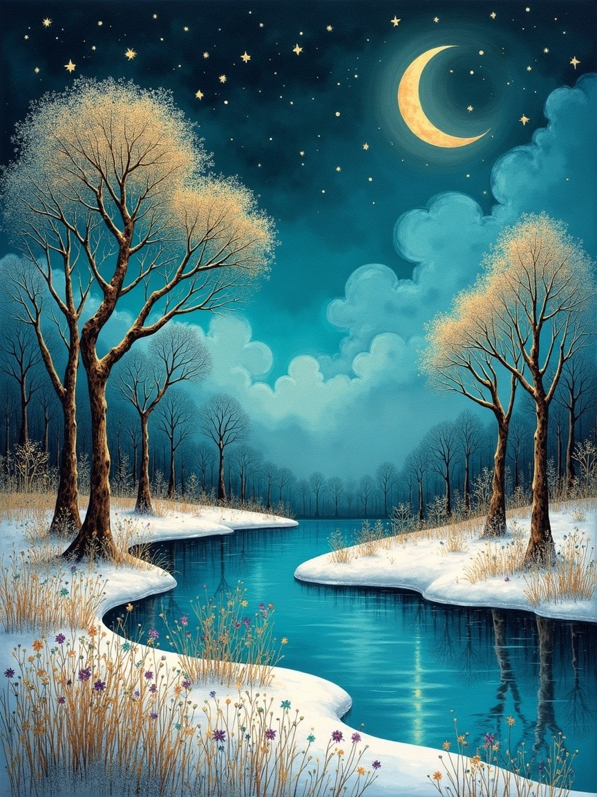Serene Winter Landscape with River and Frosty Trees