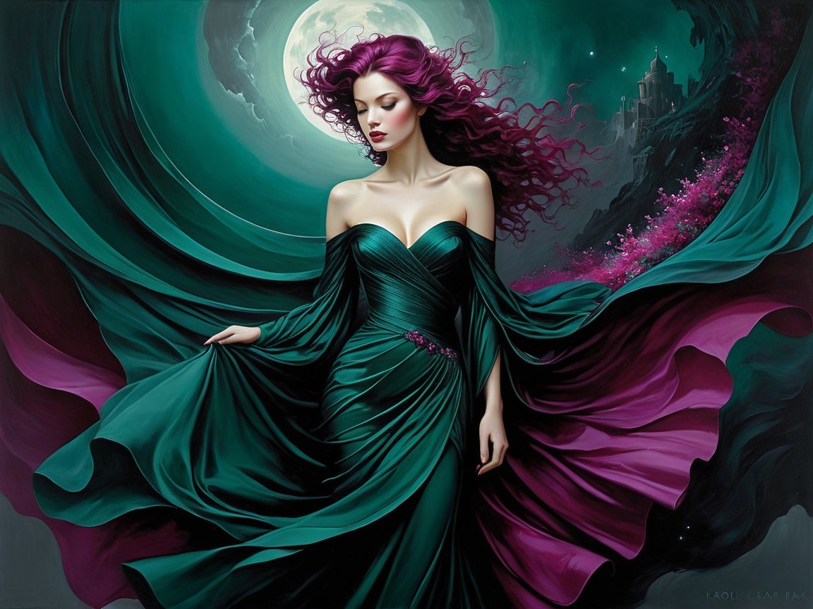 Regal figure in emerald gown under full moonlight