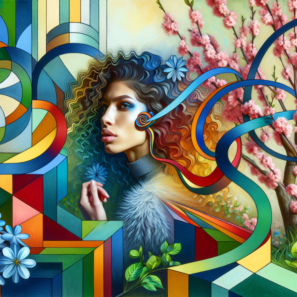 Surreal Artwork of Woman with Curly Hair and Nature Elements