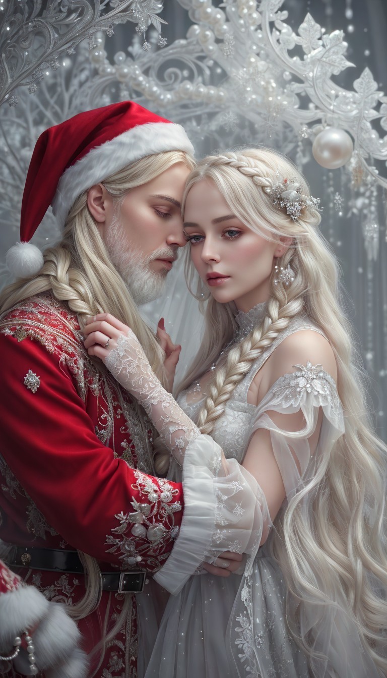Magical Winter Scene with Elegant Couple in Attire