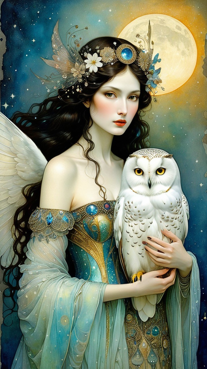 Mystical figure in gown with owl under night sky