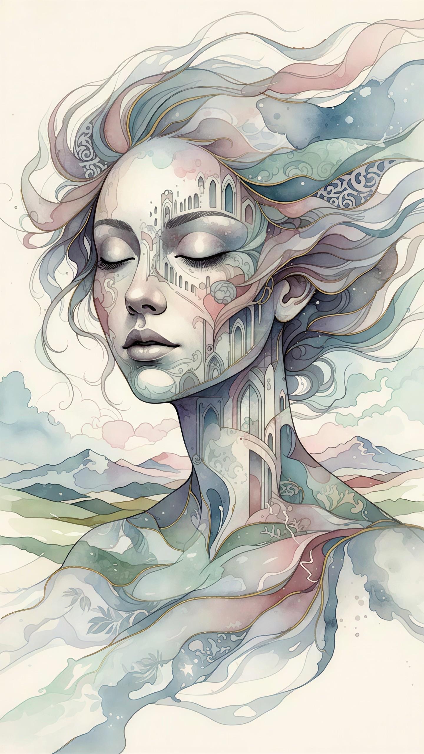 Watercolor Portrait of a Woman with Architectural Elements