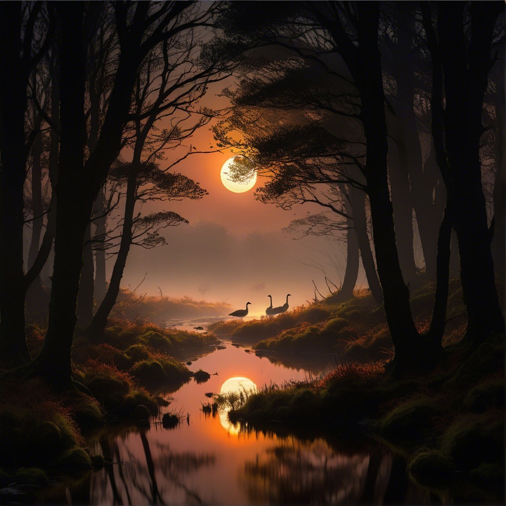 Geese by a Stream Under an Orange Moonlight