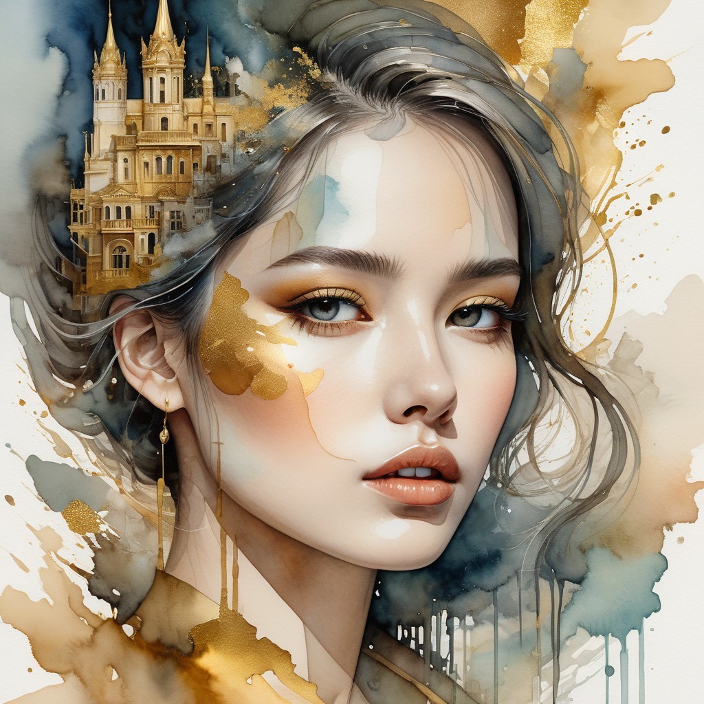 Watercolor Portrait of a Woman with Gold Accents