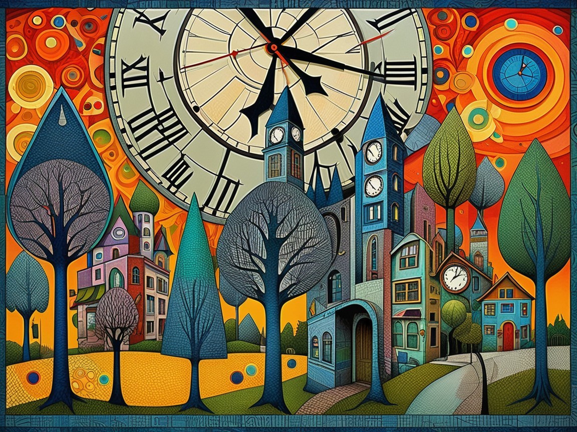 Vibrant Village Scene with Whimsical Buildings and Clocks