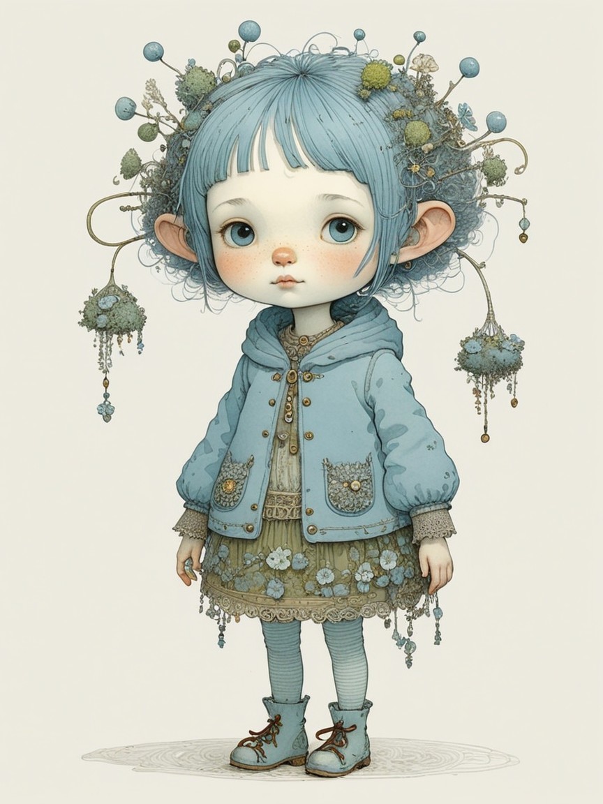 Whimsical girl in embroidered blue jacket with floral hair