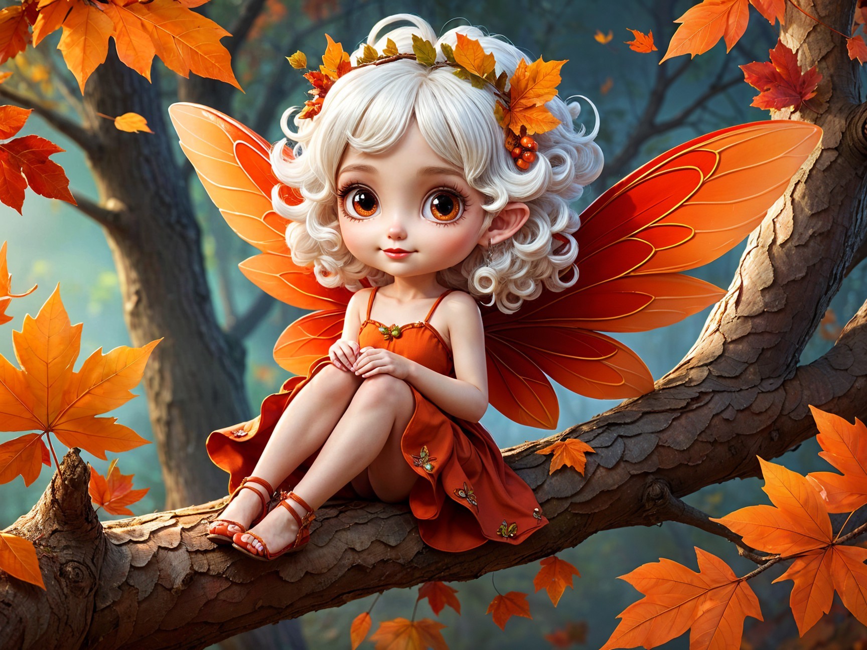 Whimsical Fairy on Branch Surrounded by Autumn Leaves