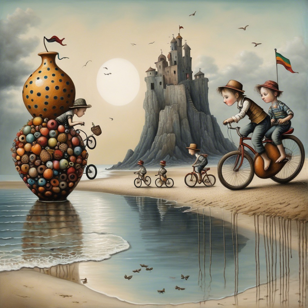 Children Riding Bicycles on a Whimsical Beach Scene