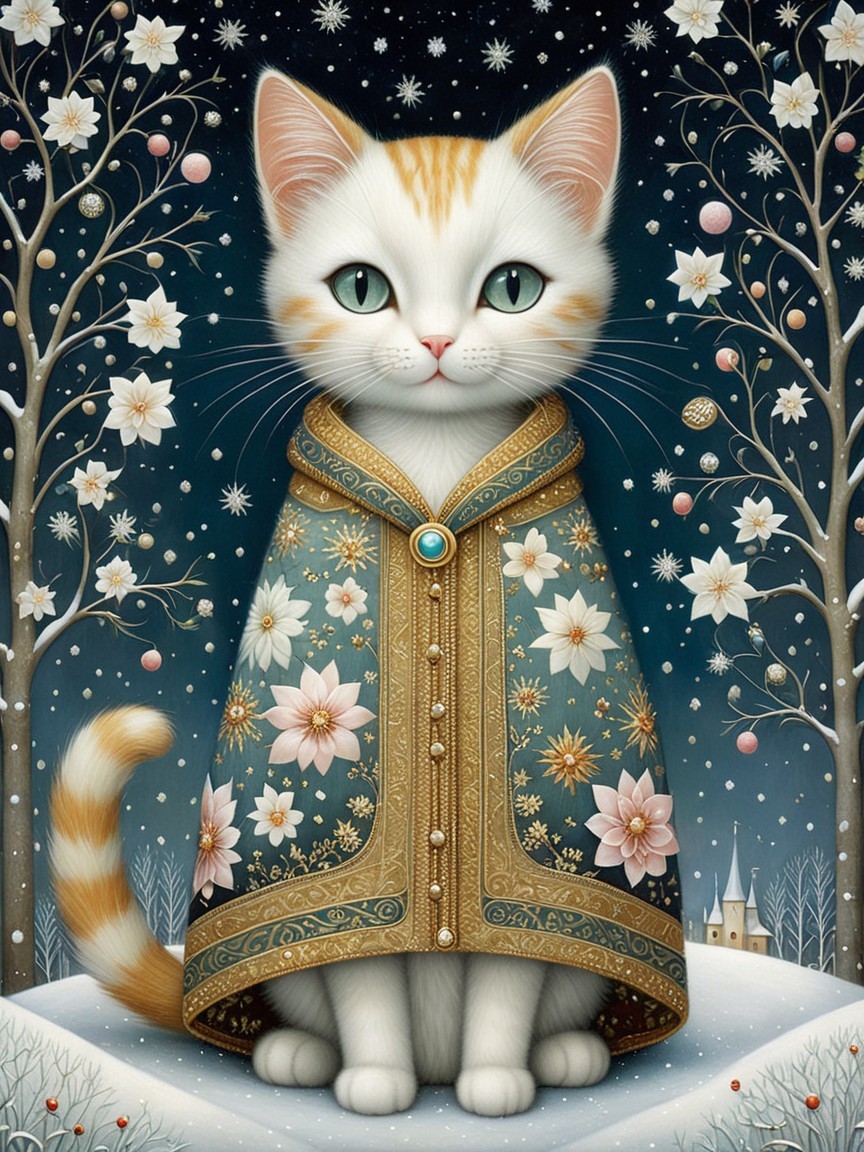 Fluffy Cat in Cloak in Snowy Magical Landscape