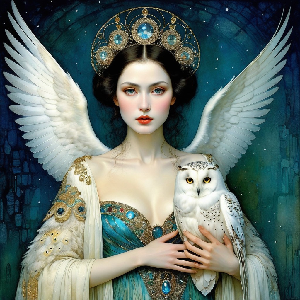 Celestial Figure with Wings and White Owl in Starry Night