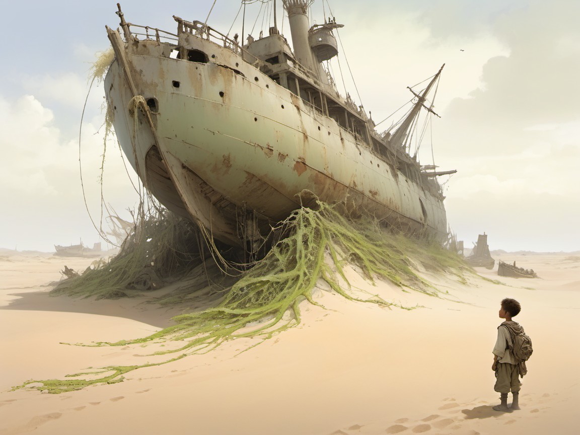 Desert Scene with Rusting Ship and Child's Curiosity