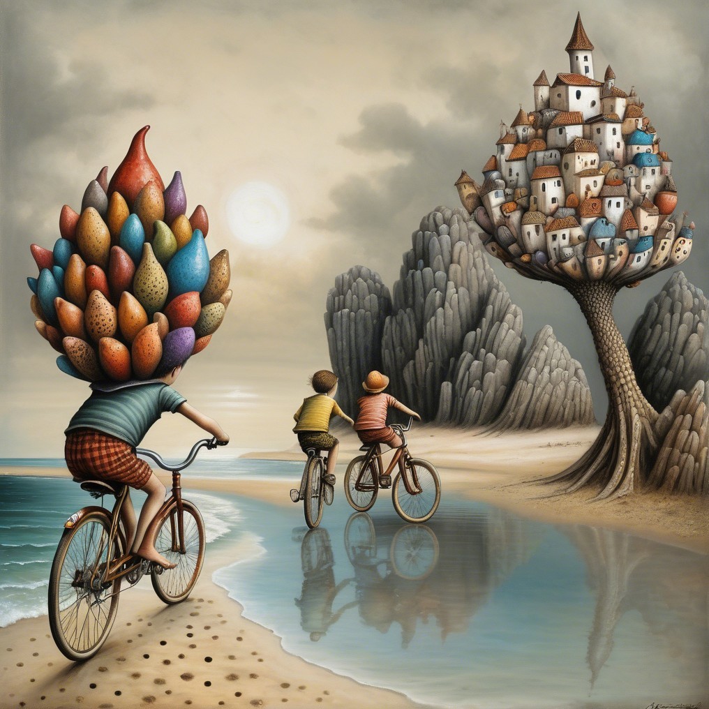 Surreal Beach Landscape with Children on Bicycles