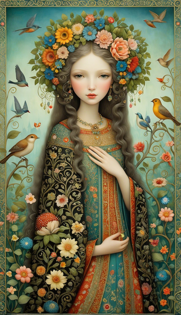 Serene Young Woman in Floral Crown Surrounded by Nature