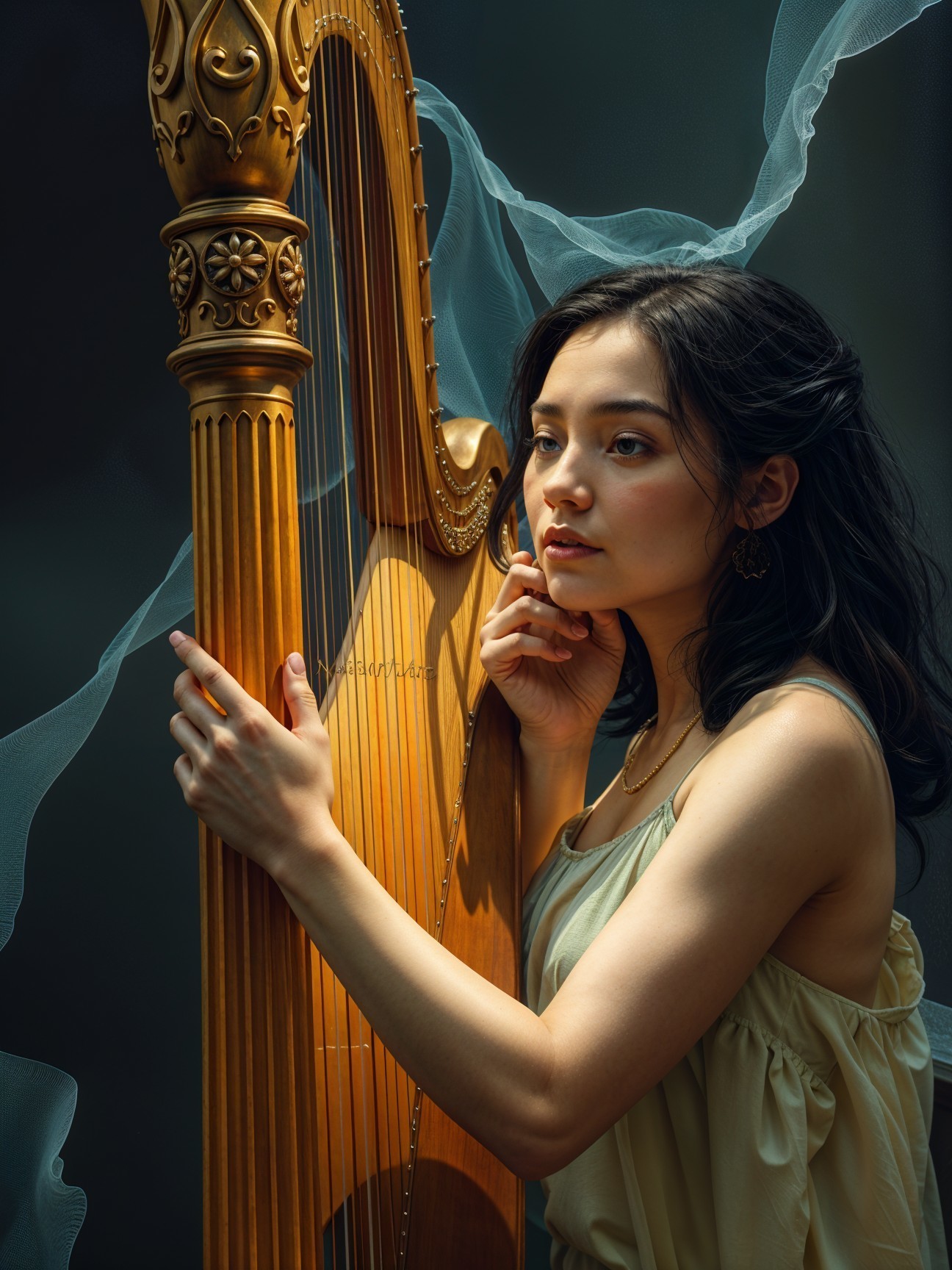 Woman Playing Harp in Serene Atmosphere