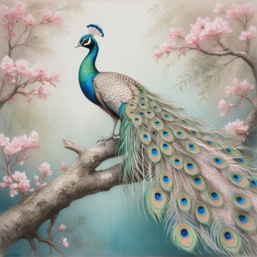 Vibrant Peacock on Branch with Iridescent Feathers