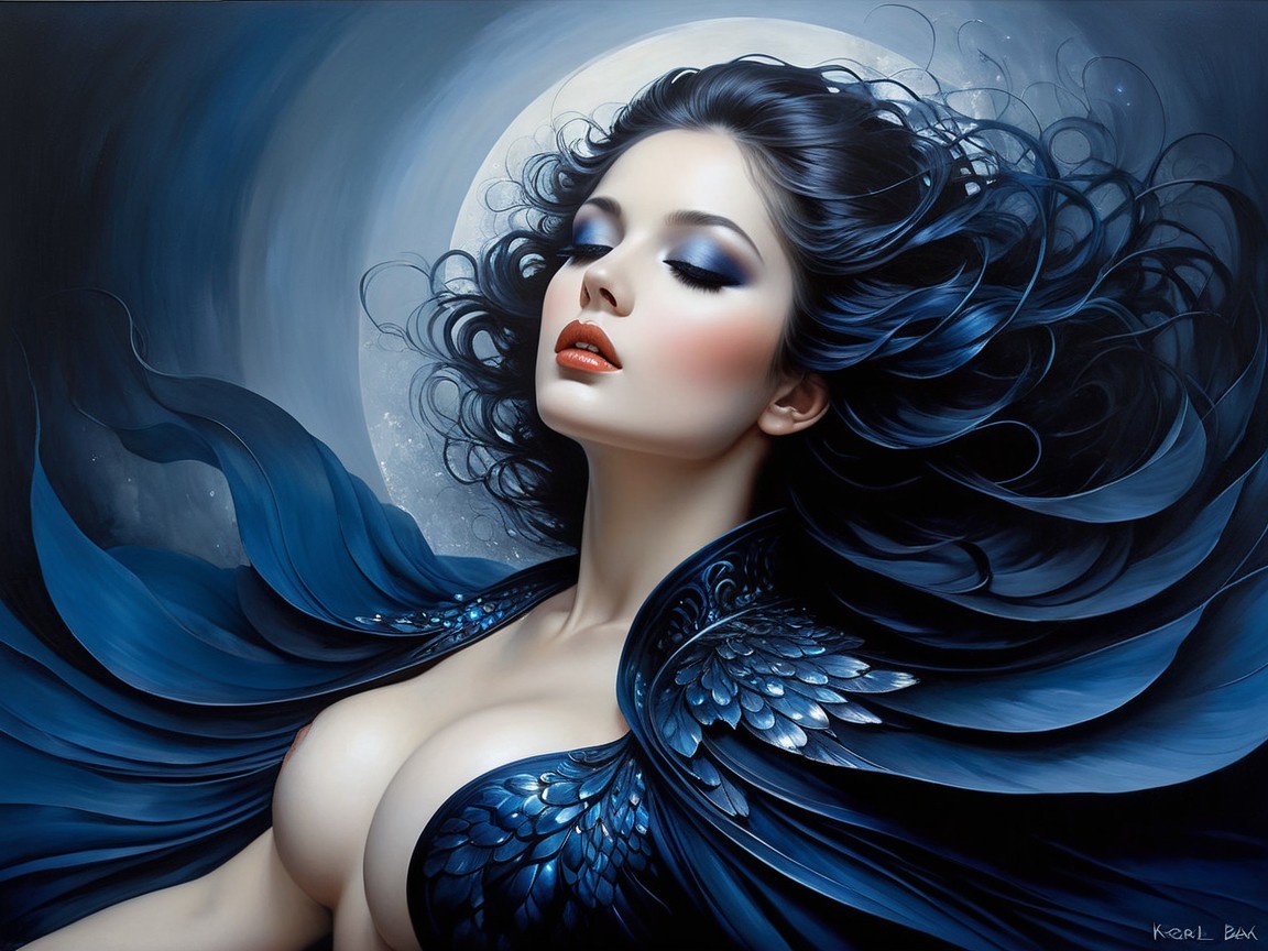 Striking Woman with Dark Hair and Blue Makeup Art