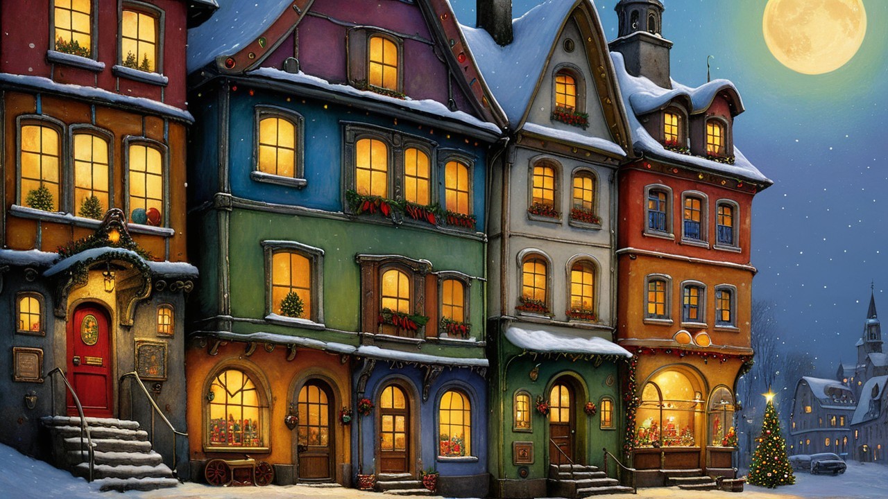 Stylized Winter Town Scene with Festive Decorations