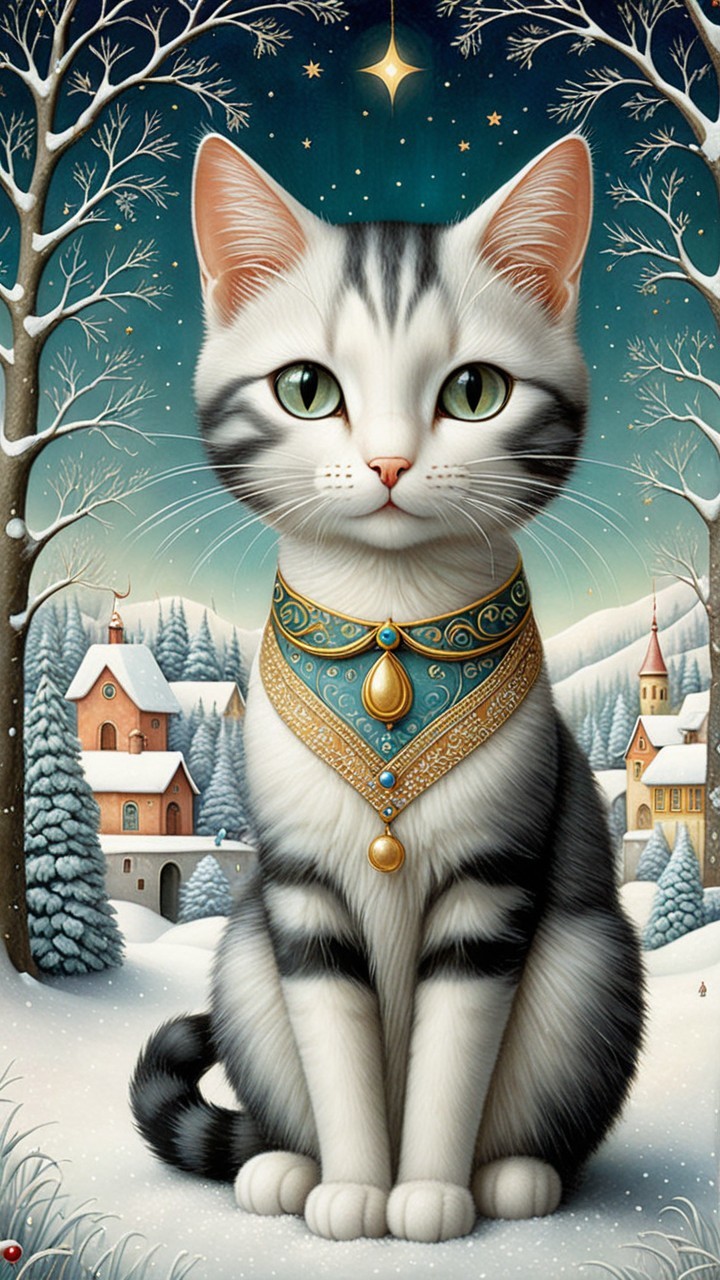 Charming Cat in Snowy Landscape with Starry Sky