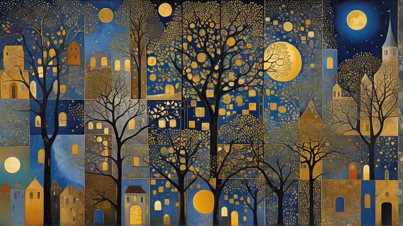 Whimsical Nightscape with Mosaic Panels and Trees