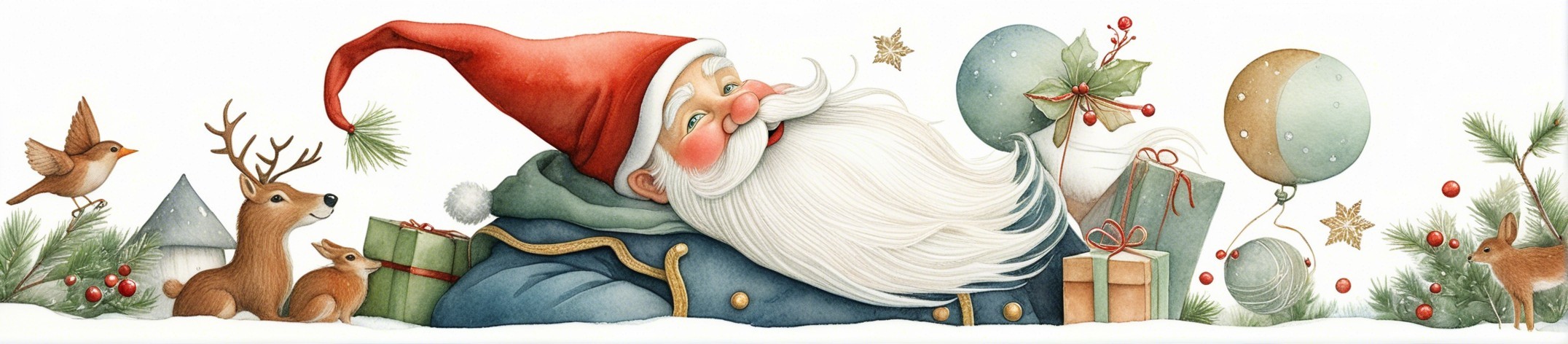 Cheerful Santa Claus Surrounded by Holiday Decorations