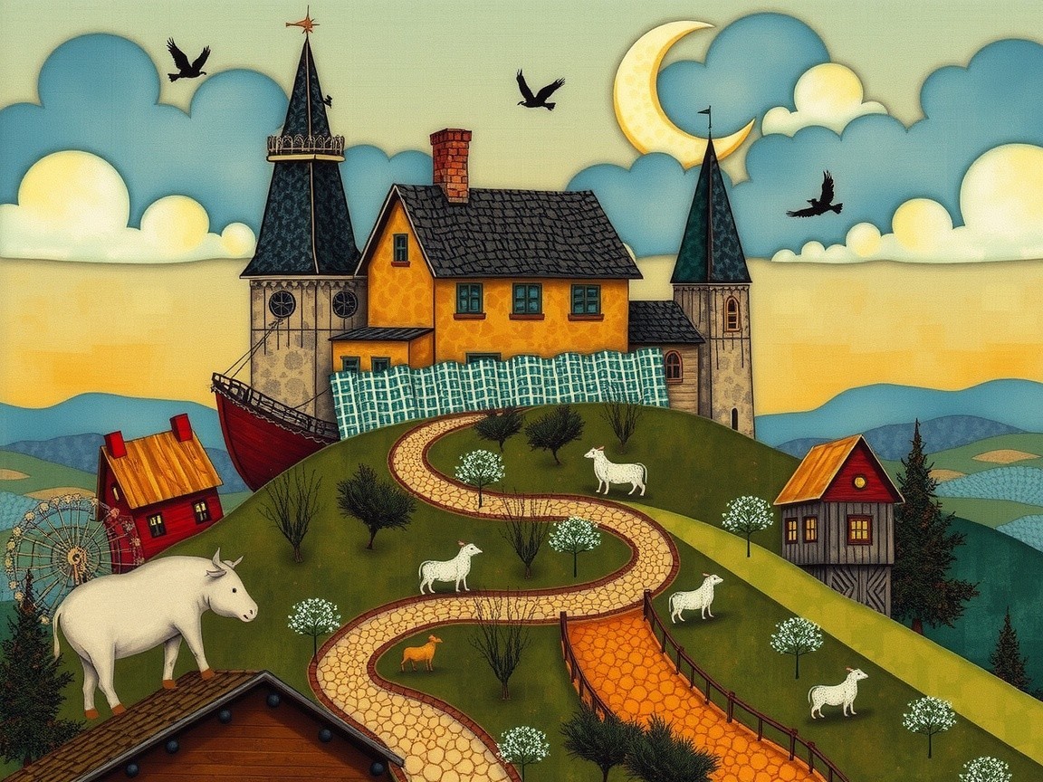 Whimsical Landscape with Colorful House and Animals