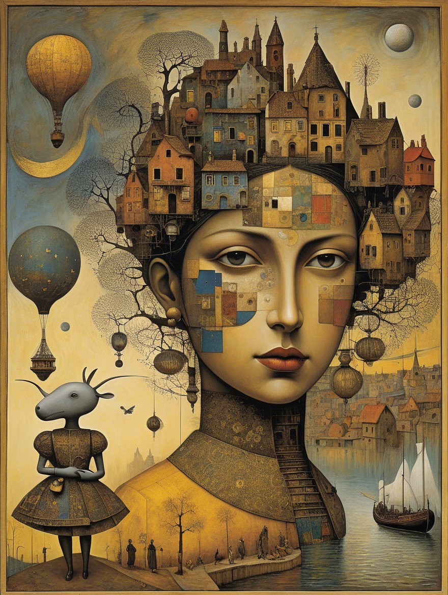 Surreal portrait of a woman with whimsical cityscape crown