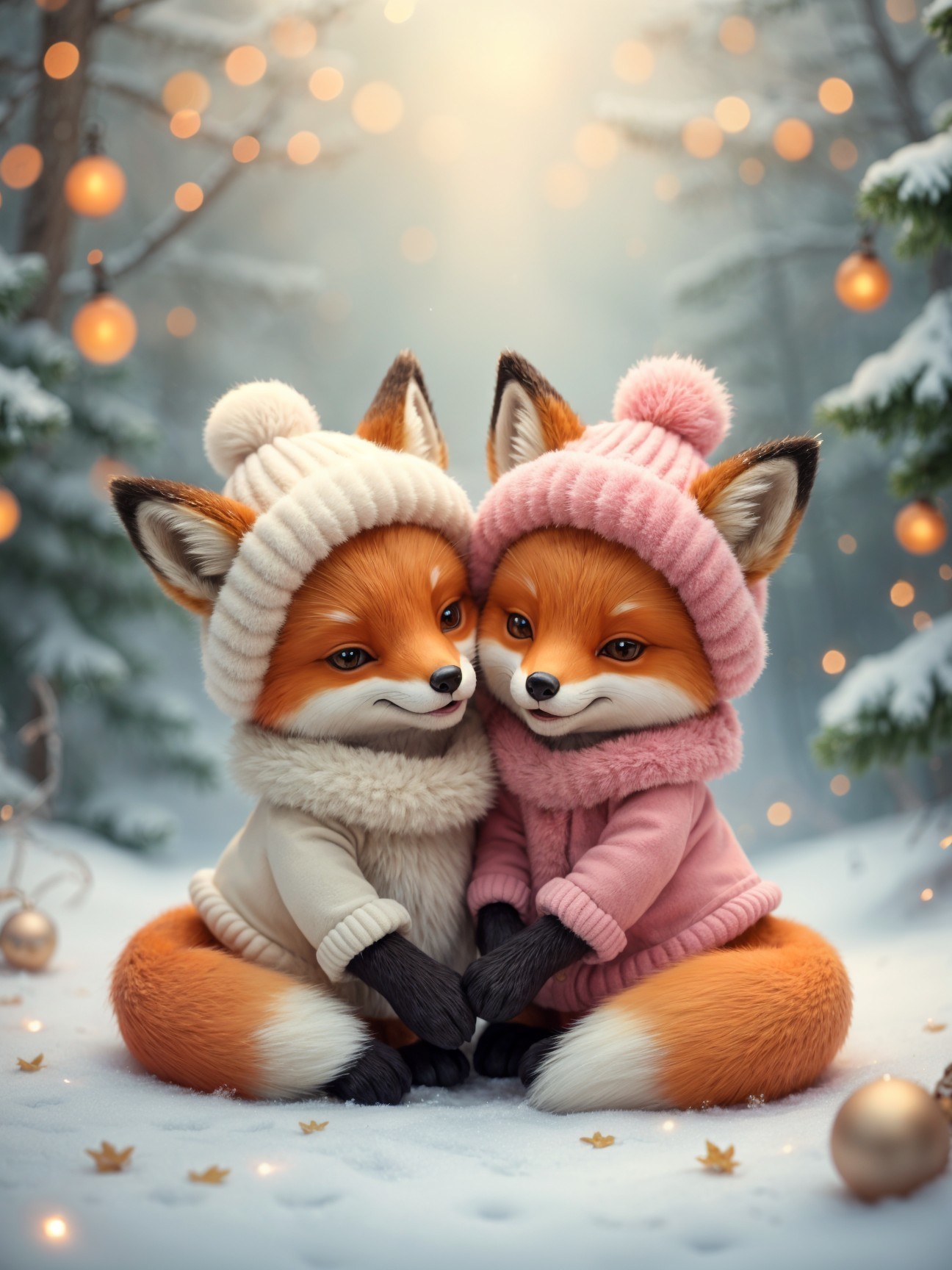 Cartoon foxes in cozy attire in snowy forest setting