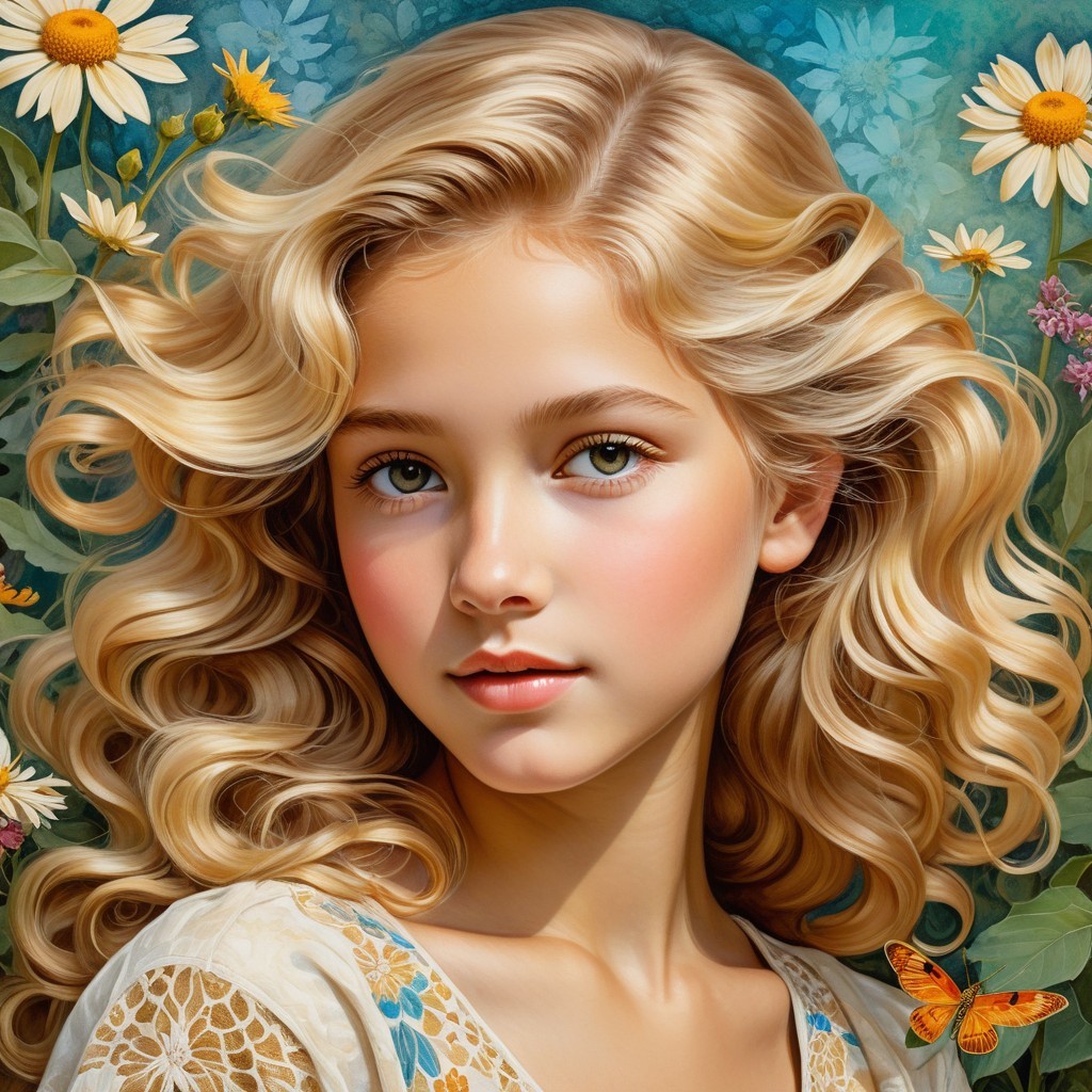 Young girl with blonde curls among vibrant flowers