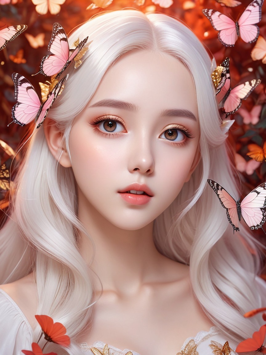 Portrait of a Young Woman with White Hair and Butterflies
