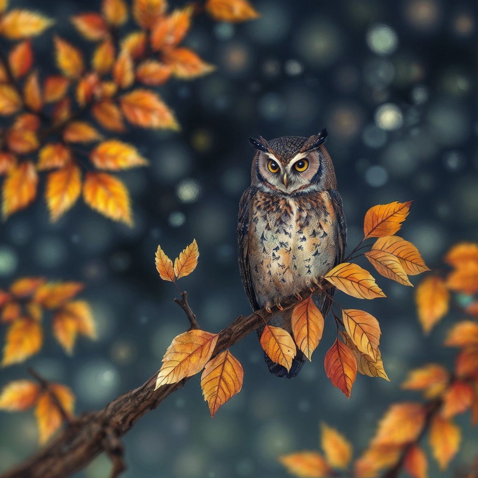 Majestic owl on branch with autumn leaves and bokeh
