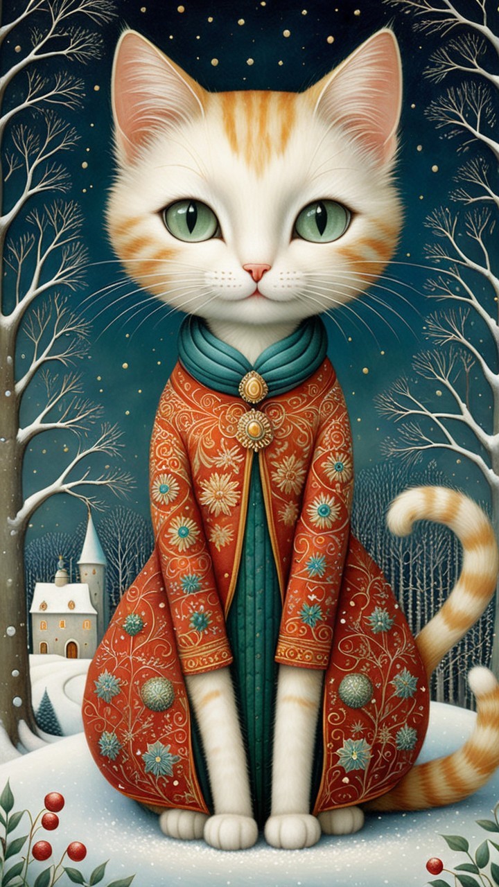 Whimsical Cat Illustration in a Snowy Village Scene