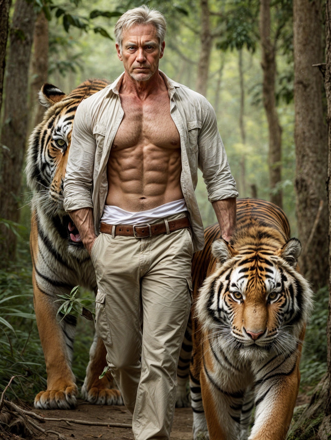 Muscular Man with Silver Hair and Tigers in Forest