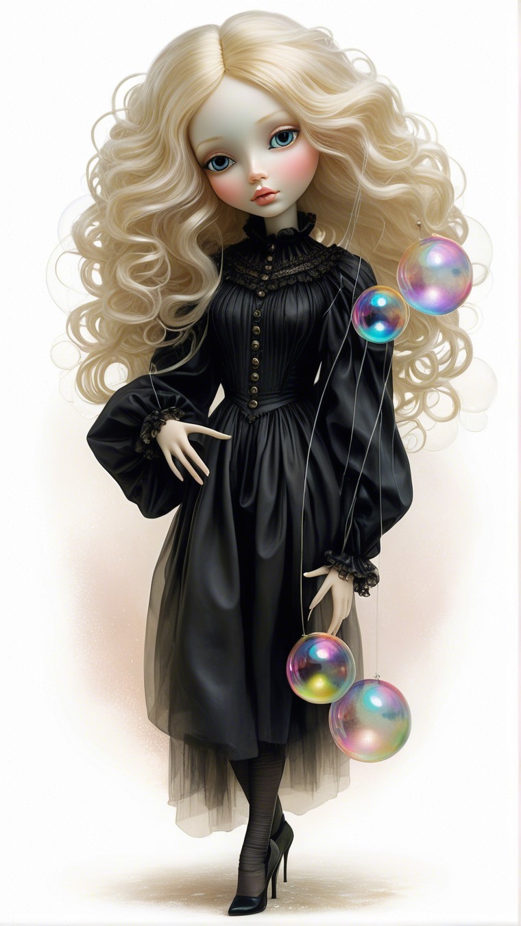 Stylized doll with blonde hair and elegant black dress