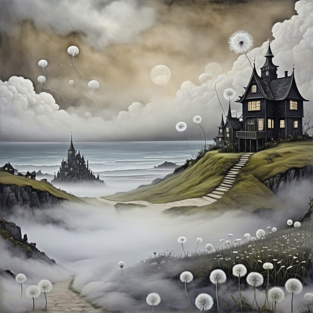 Dreamlike Landscape with Dark Mansion and Misty Sea