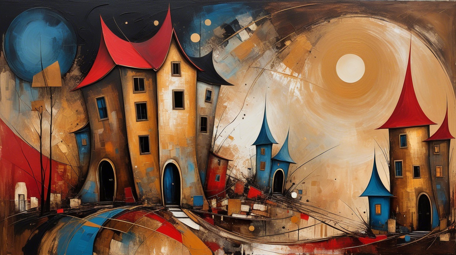 Surreal Landscape with Whimsical Houses and Colors