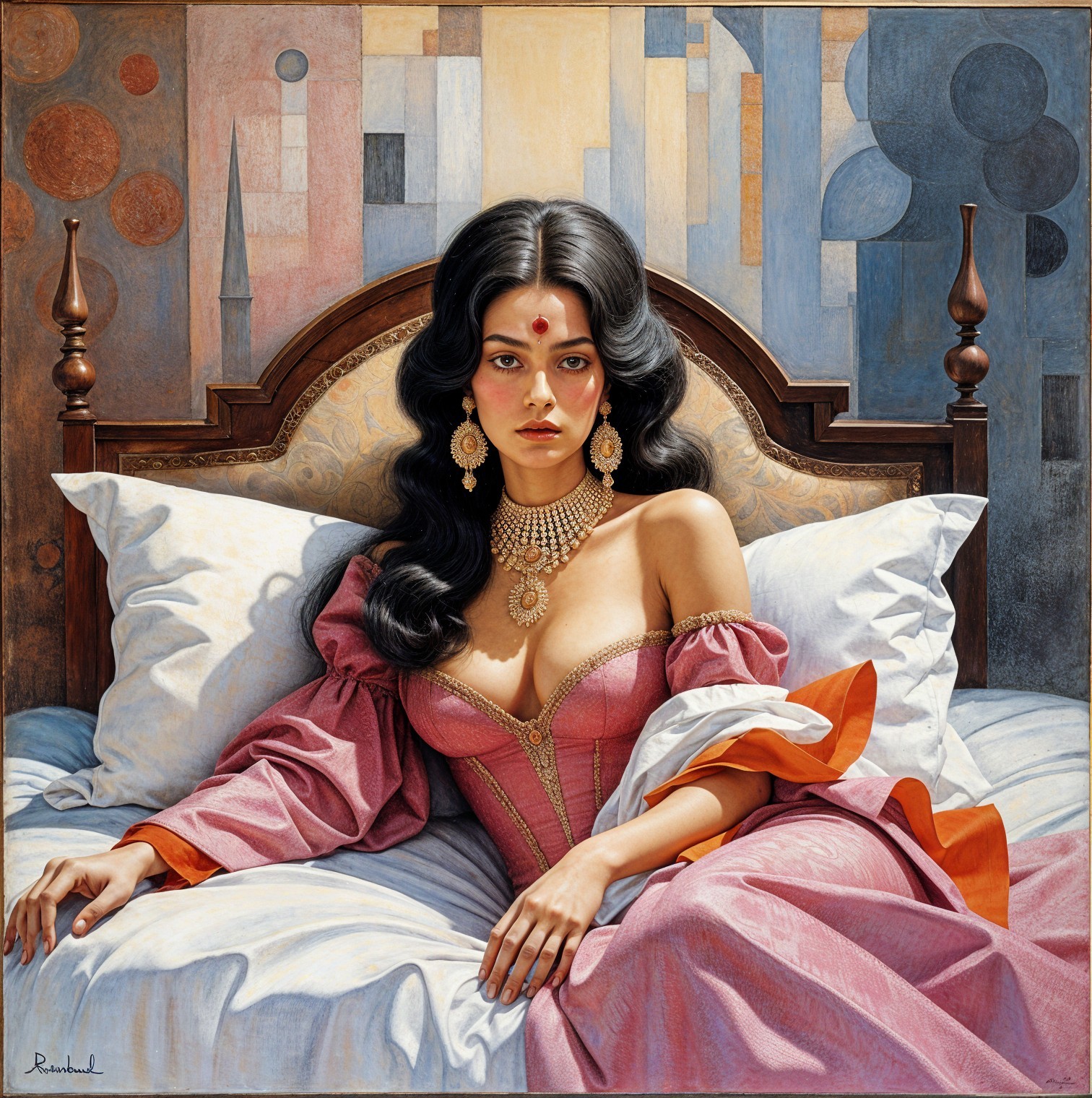 Reclining Woman in Elegant Pink Garment on Bed