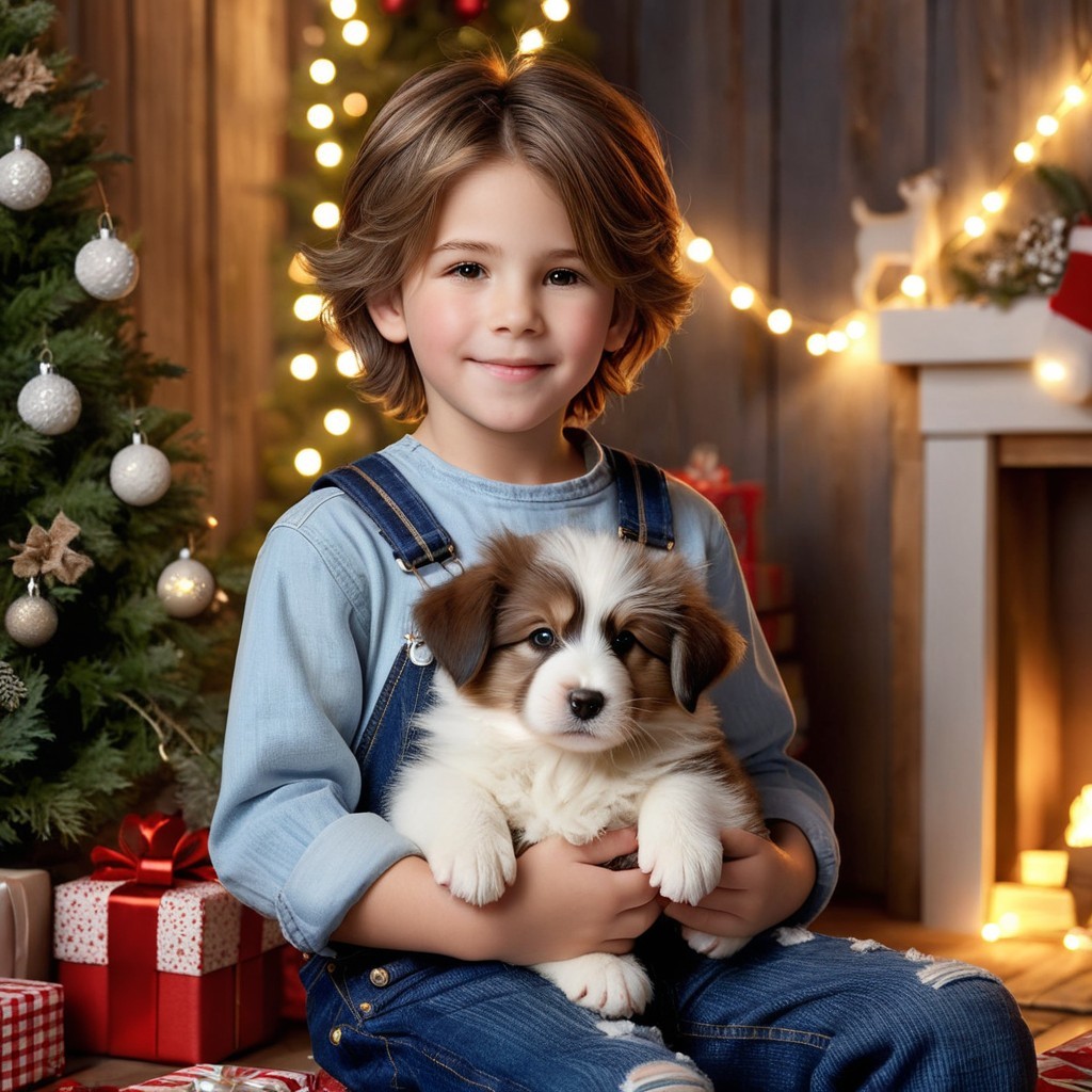 Young boy with puppy in festive Christmas setting