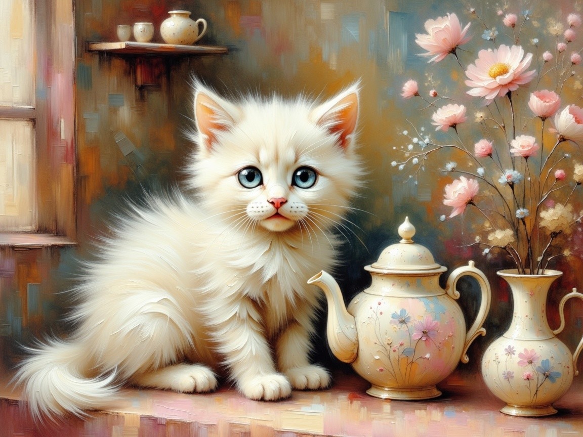 Fluffy White Kitten Beside Teapot and Pink Flowers