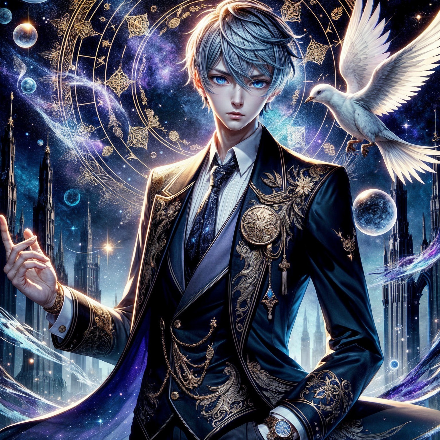 Stylish Young Man in Black Suit Against Celestial Background