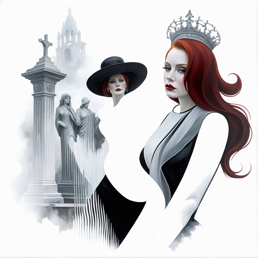 Elegant Women in Black and White Attire with Red Hair