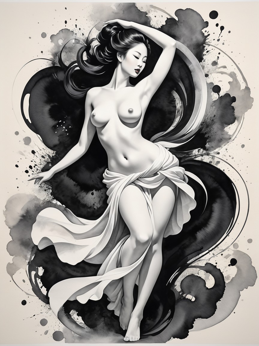 Black and White Ink Wash of Asian Woman in Fabric