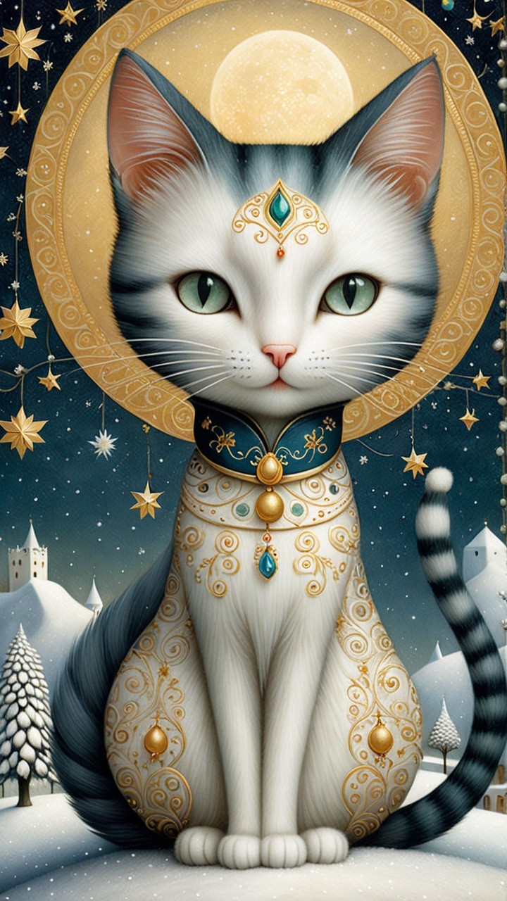 Whimsical Cat with Green Eyes in Starry Night Scene