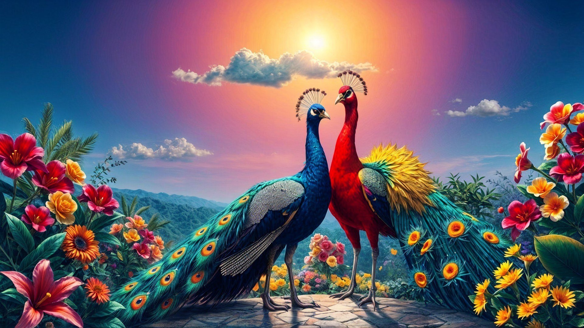 Surreal Landscape with Colorful Peacocks and Flowers