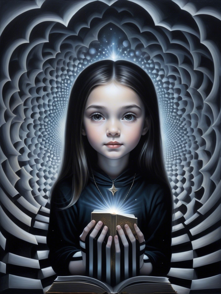 Young girl with glowing book in mystical setting