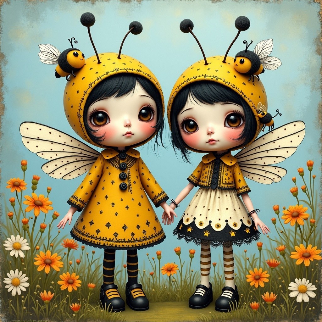Whimsical Doll Characters in Bee-Themed Outfits