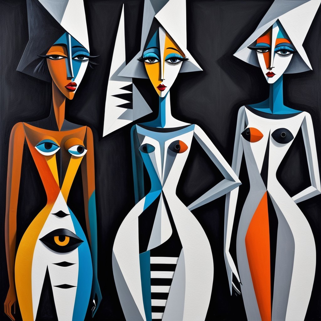 Three Stylized Figures with Bold Patterns and Colors