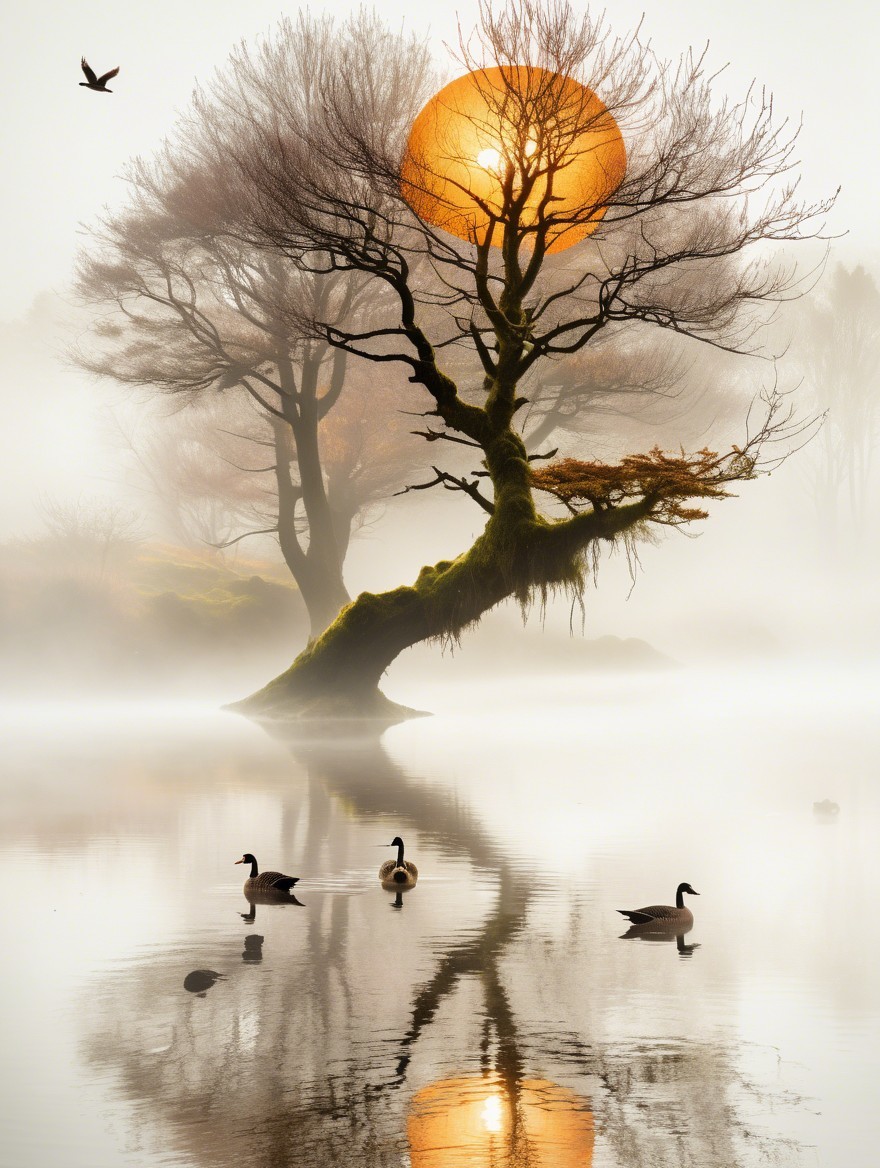 Misty Lake Landscape with Gnarled Tree and Ducks
