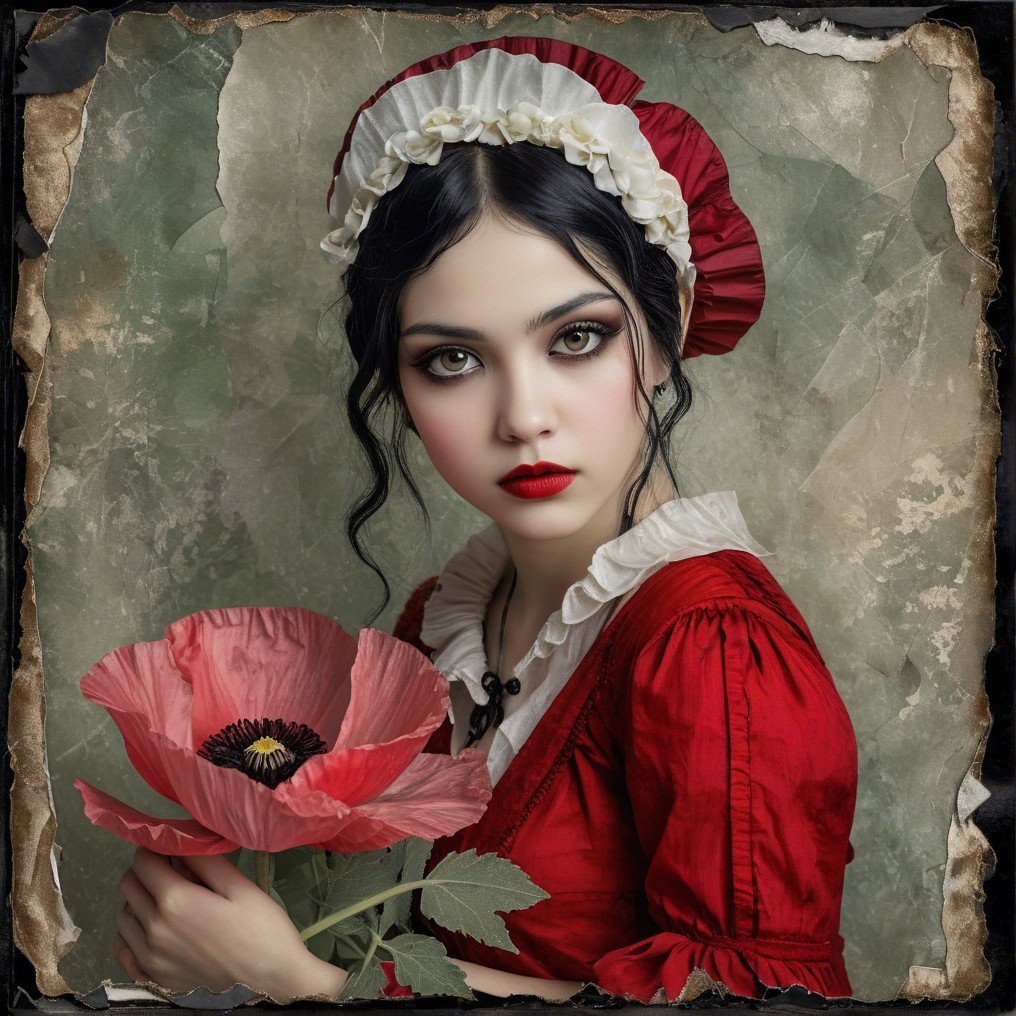 Young woman in red dress with poppy in vintage setting