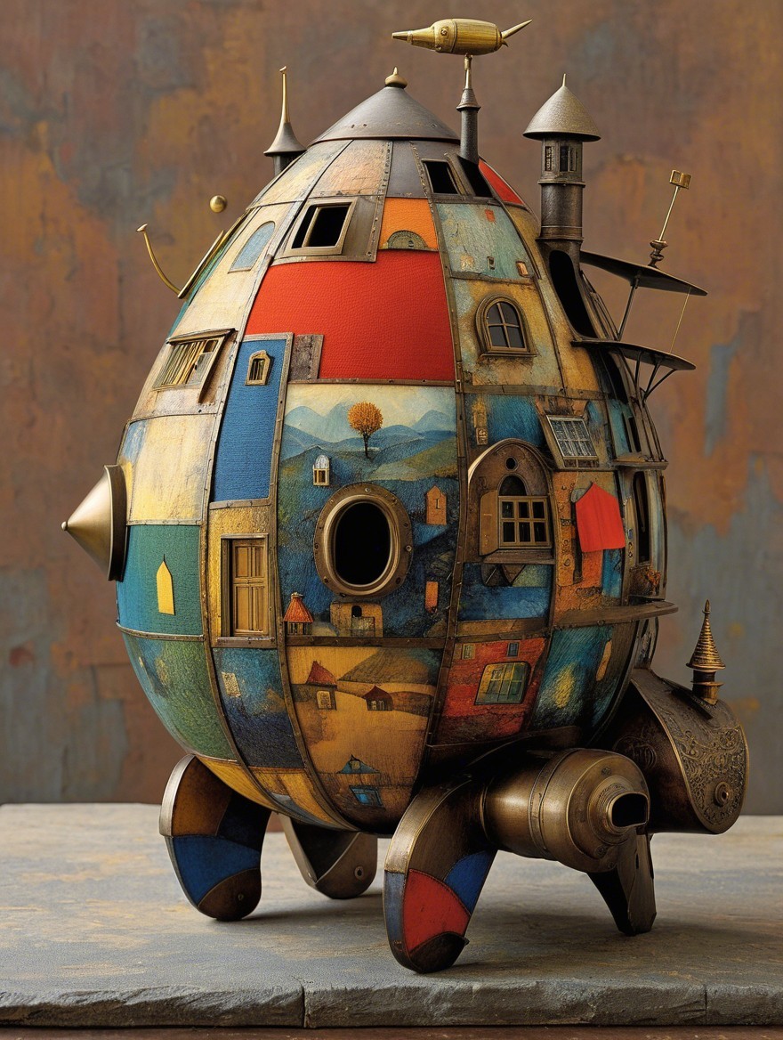 Whimsical Egg-Shaped Structure with Steampunk Elements