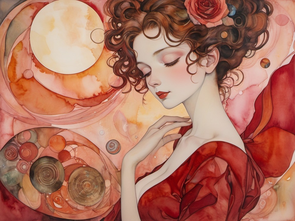 Serene Woman in Red Dress with Celestial Background